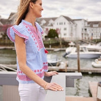Blue & White Stripe Ruffle Front Top with Tassels