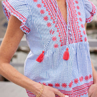 Blue & White Stripe Ruffle Front Top with Tassels