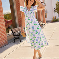 Hydrangea Block Print V-Neck Smocked Midi Dress