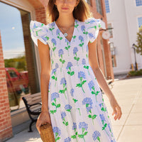 Hydrangea Block Print V-Neck Smocked Midi Dress