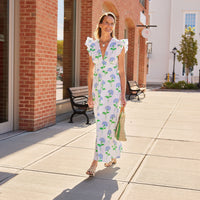 Hydrangea Block Print V-Neck Flutter Sleeve Maxi Dress