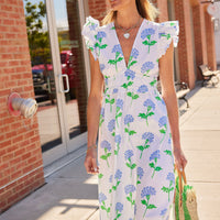 Hydrangea Block Print V-Neck Flutter Sleeve Maxi Dress
