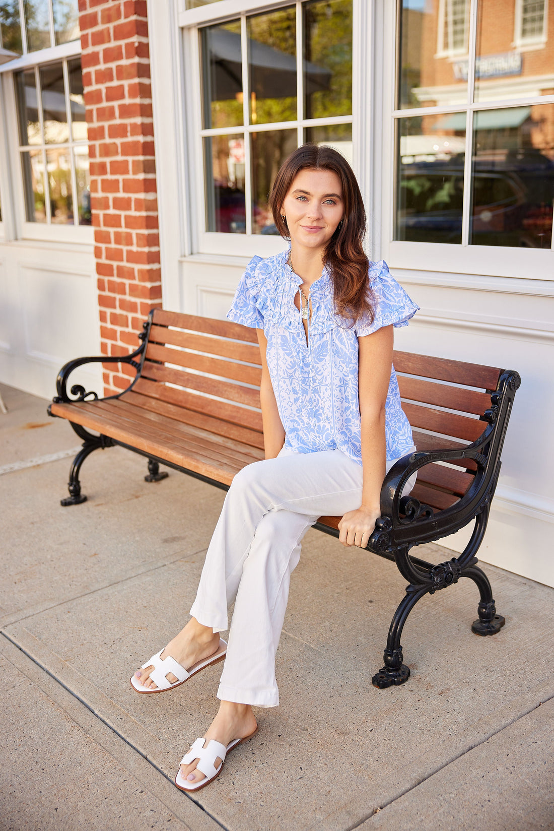 Hydrangea Tropical Block Print Ruffle Neck Top