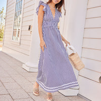 Navy & White Stripe V-Neck Flutter Sleeve Maxi Dress