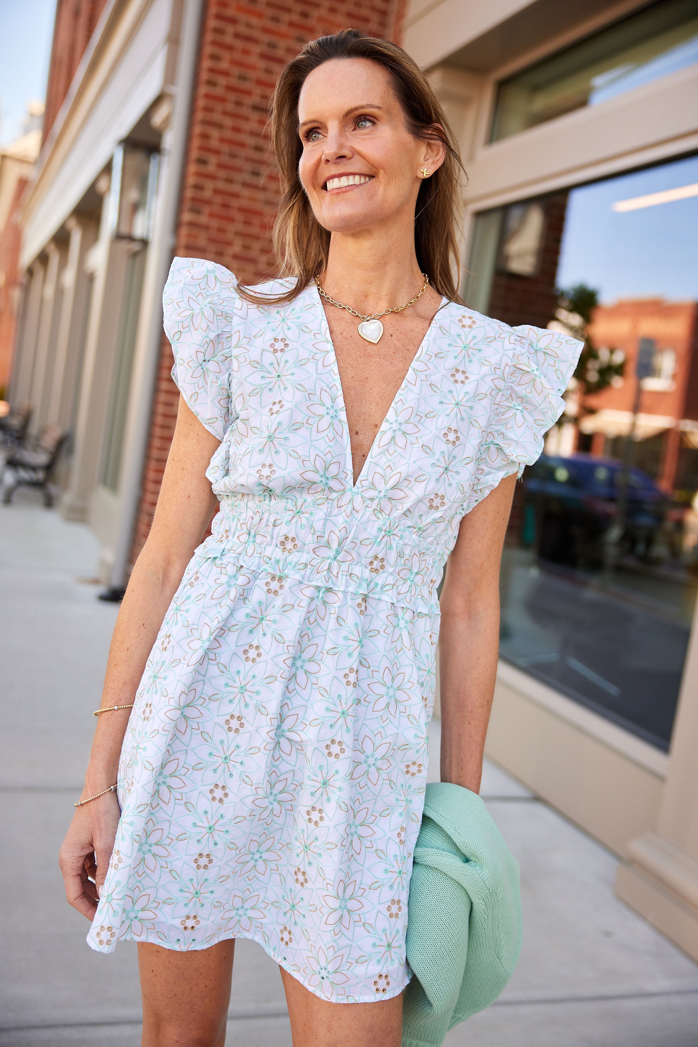white christmas dresses Sail to Sable Cabbage & White Eyelet V-Neck Flutter Sleeve Mini Dress WHITE/CABBAGE/GOLD / XXS / SU2524
