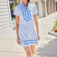 Hydrangea & White Stripe Short Sleeve Tunic Dress
