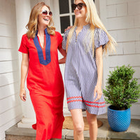 Navy & White Stripe Puff Sleeve Button Front Mini Dress