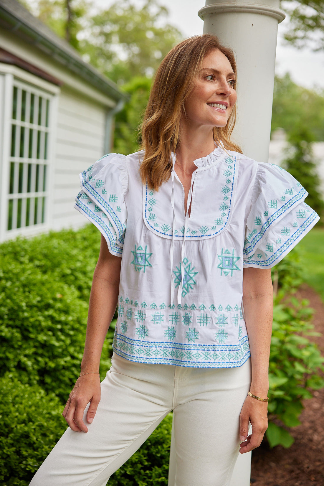 Blue Embroidered Flutter Sleeve Top