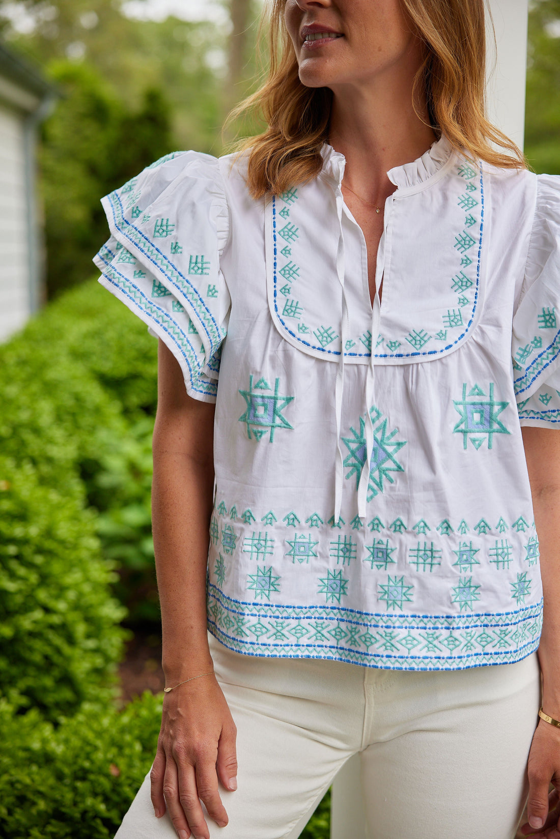 Blue Embroidered Flutter Sleeve Top