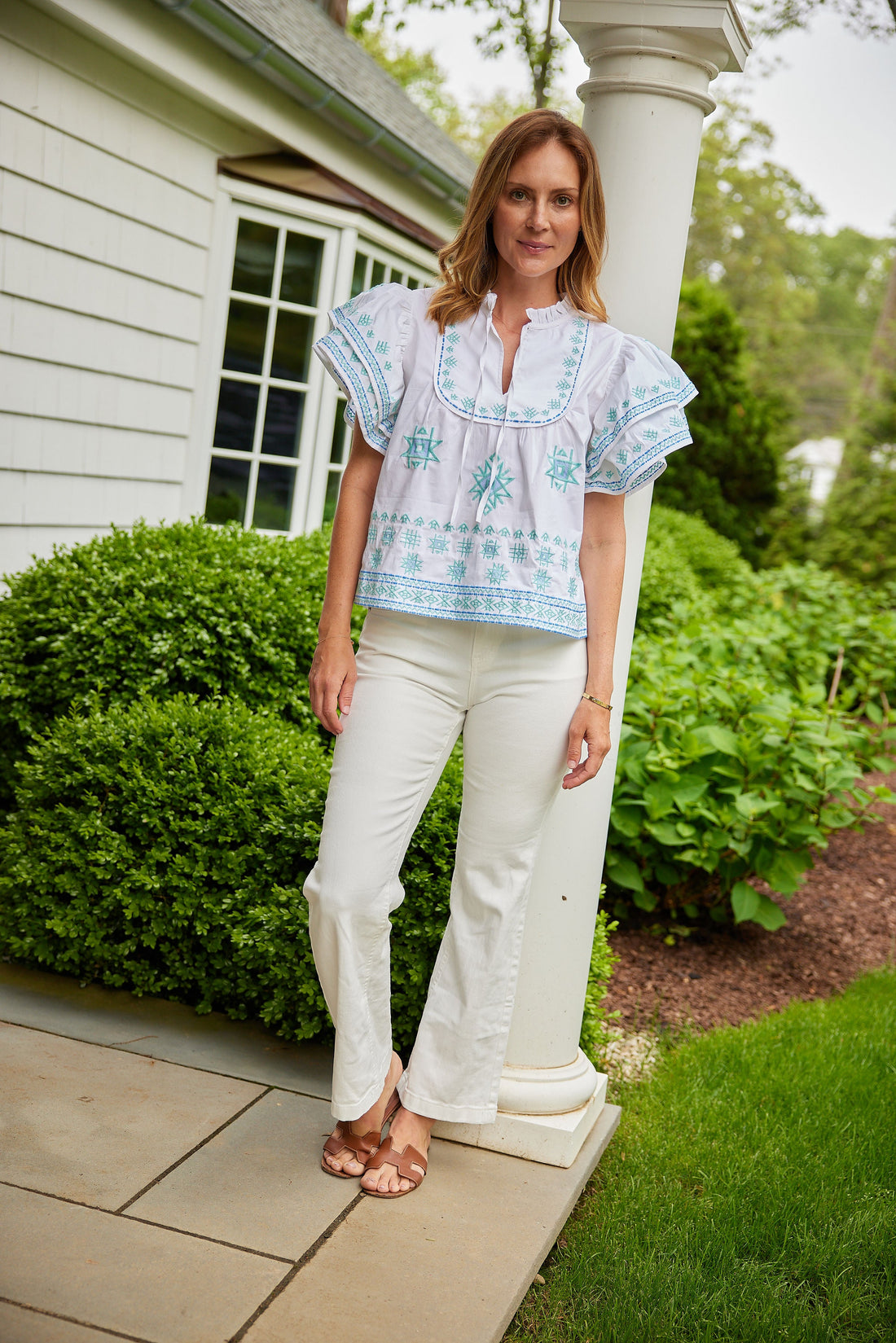 Blue Embroidered Flutter Sleeve Top