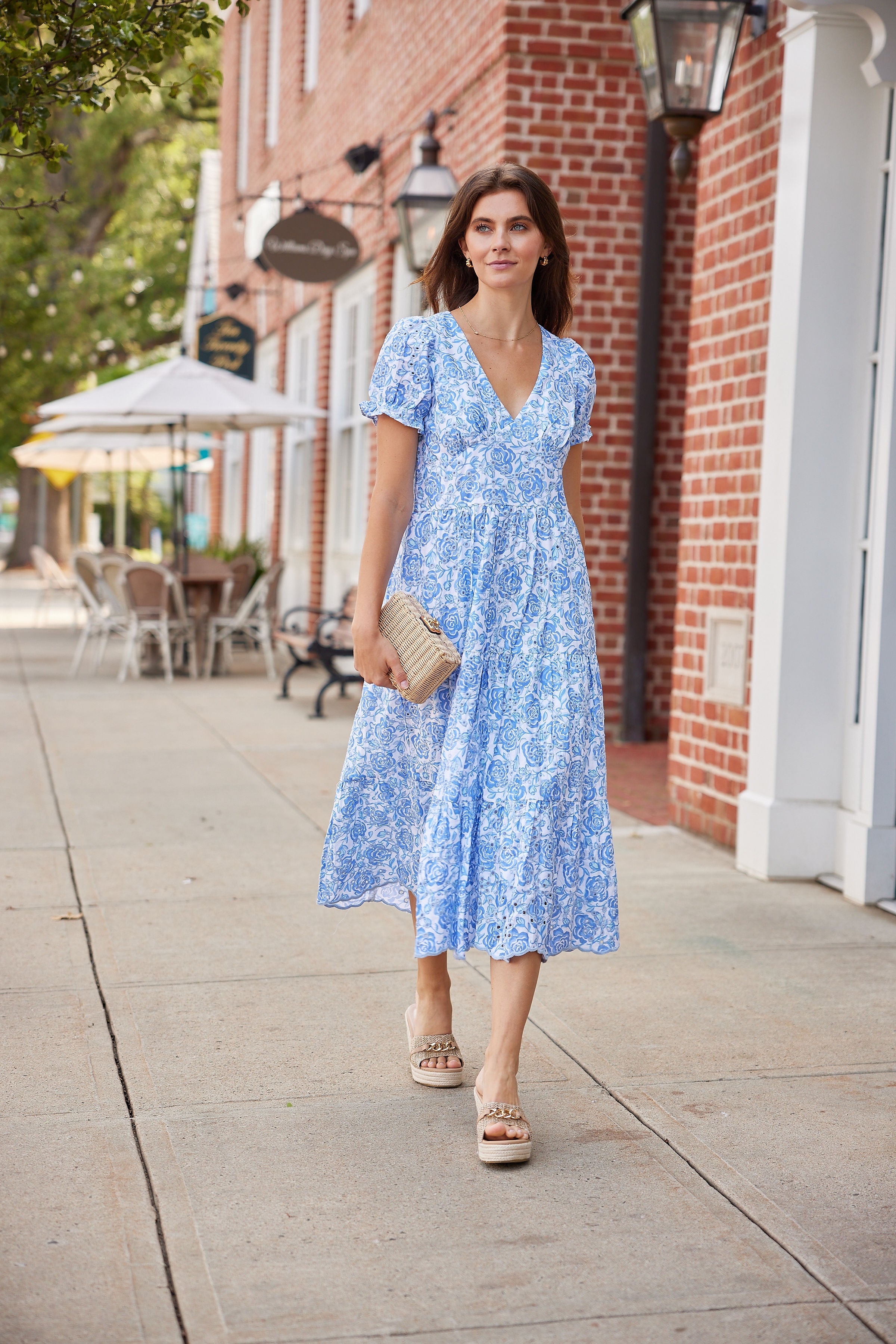 Sail to Sable Blue & White Rose Printed Eyelet V-Neck Midi Dress WHITE/BLUE / S / SU25119 Sail to Sable Blue & White Rose Printed Eyelet V-Neck Midi Dress WHITE/BLUE / S / SU25119