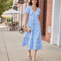 Blue & White Rose Printed Eyelet V-Neck Midi Dress