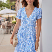 Blue & White Rose Printed Eyelet V-Neck Midi Dress