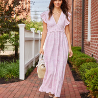 Pink Medallion Print V-Neck Flutter Sleeve Maxi Dress