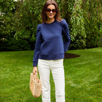 Navy Cropped Puff Sleeve Sweatshirt