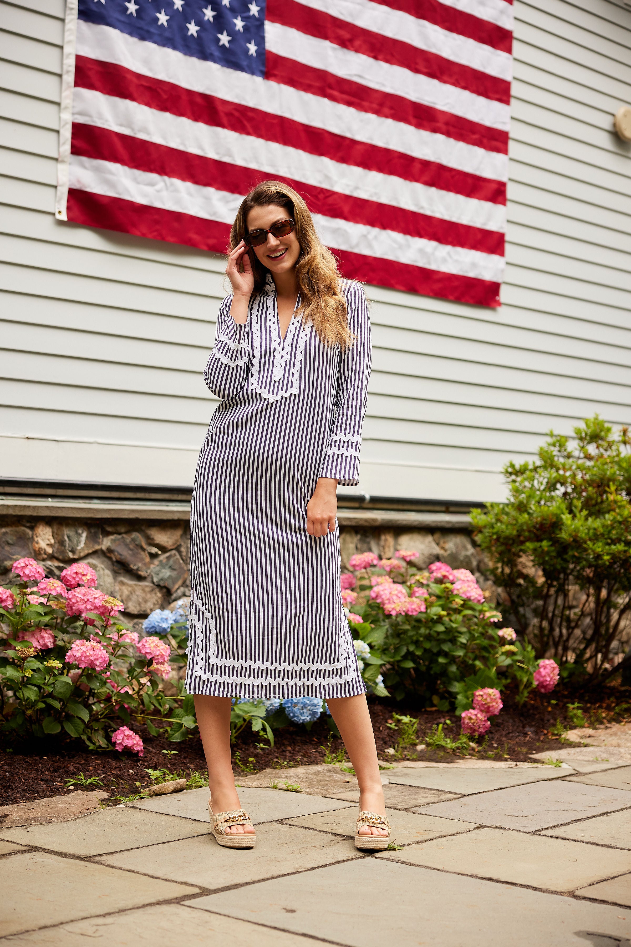Navy & White Stripe Classic Caftan with Ric-Rac – Sail to Sable
