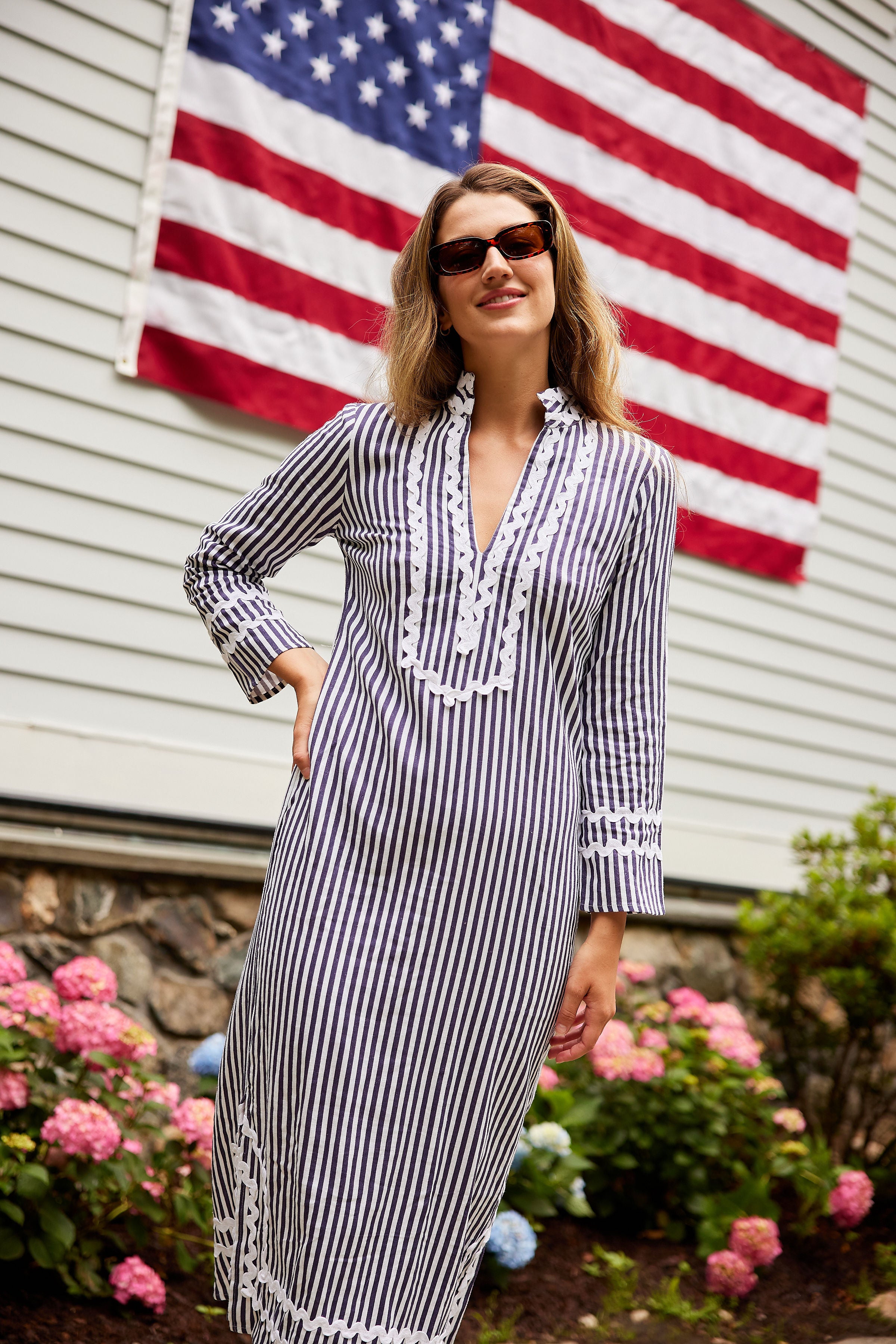 Navy & White Stripe Classic Caftan with Ric-Rac – Sail to Sable