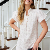 Blush & White Embroidered Puff Sleeve Midi Dress