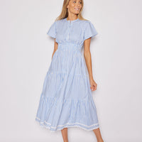 Blue & White Stripe Cinched Waist Midi Dress