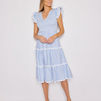 Blue & White Stripe Flutter Sleeve V-Neck Midi