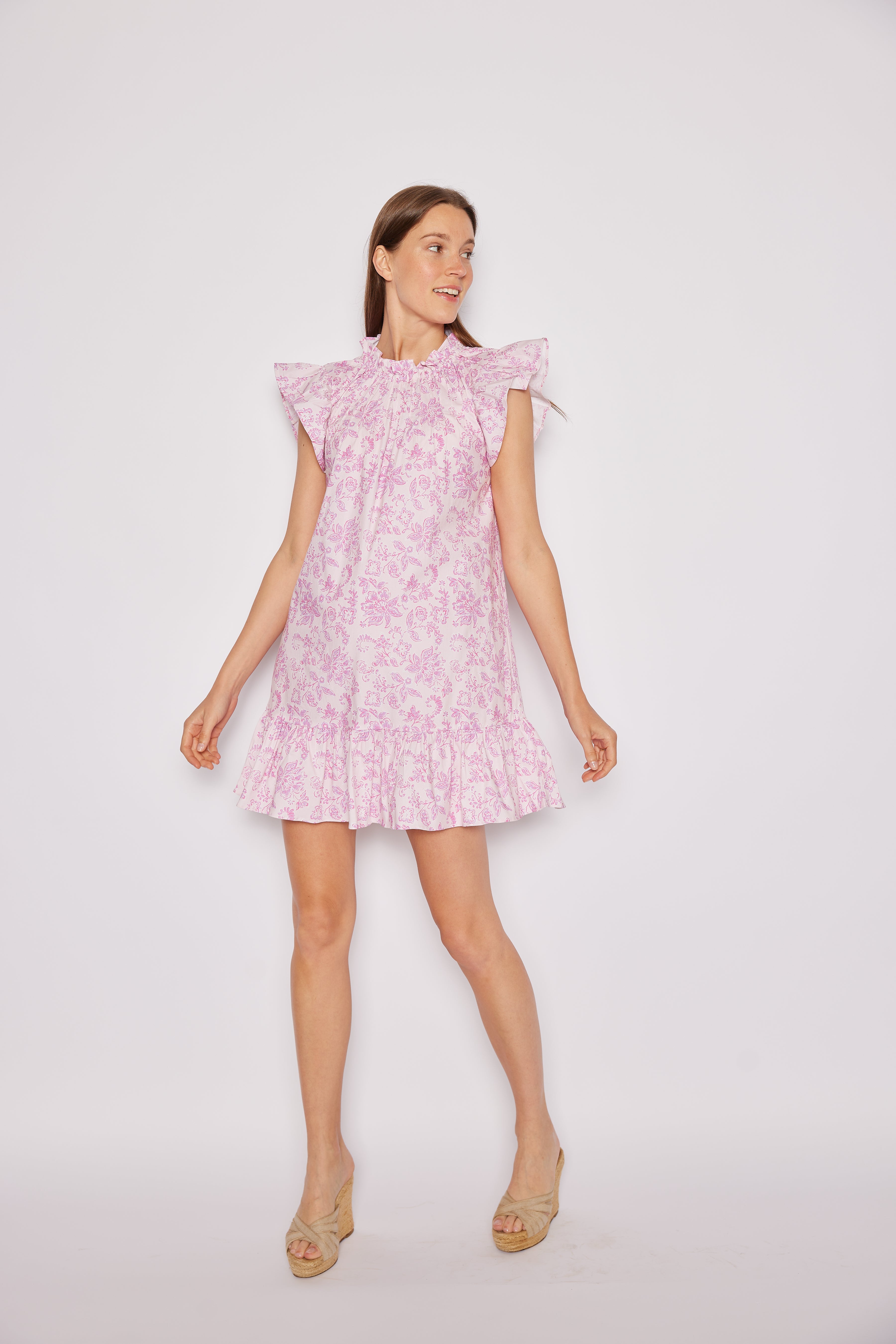 Pink Baroque Floral Ruffle Neck Dress – Sail to Sable