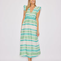Green Jacquard V-Neck Flutter Sleeve Maxi Dress
