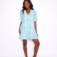 Watercolor Toile V-Neck Puff Sleeve Dress