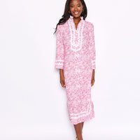 Watercolor Print Long Sleeve Caftan with Ric-Rac
