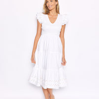 White V-Neck Smocked Midi Dress with Ric-Rac Inlay