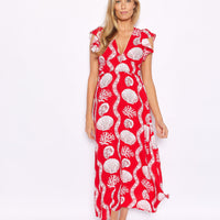 Sea Stripe V-Neck Flutter Sleeve Maxi Dress