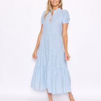 Blue & White Stripe Short Sleeve Midi Dress