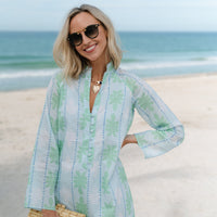 Cool Blue Cabana Print Button Front Caftan