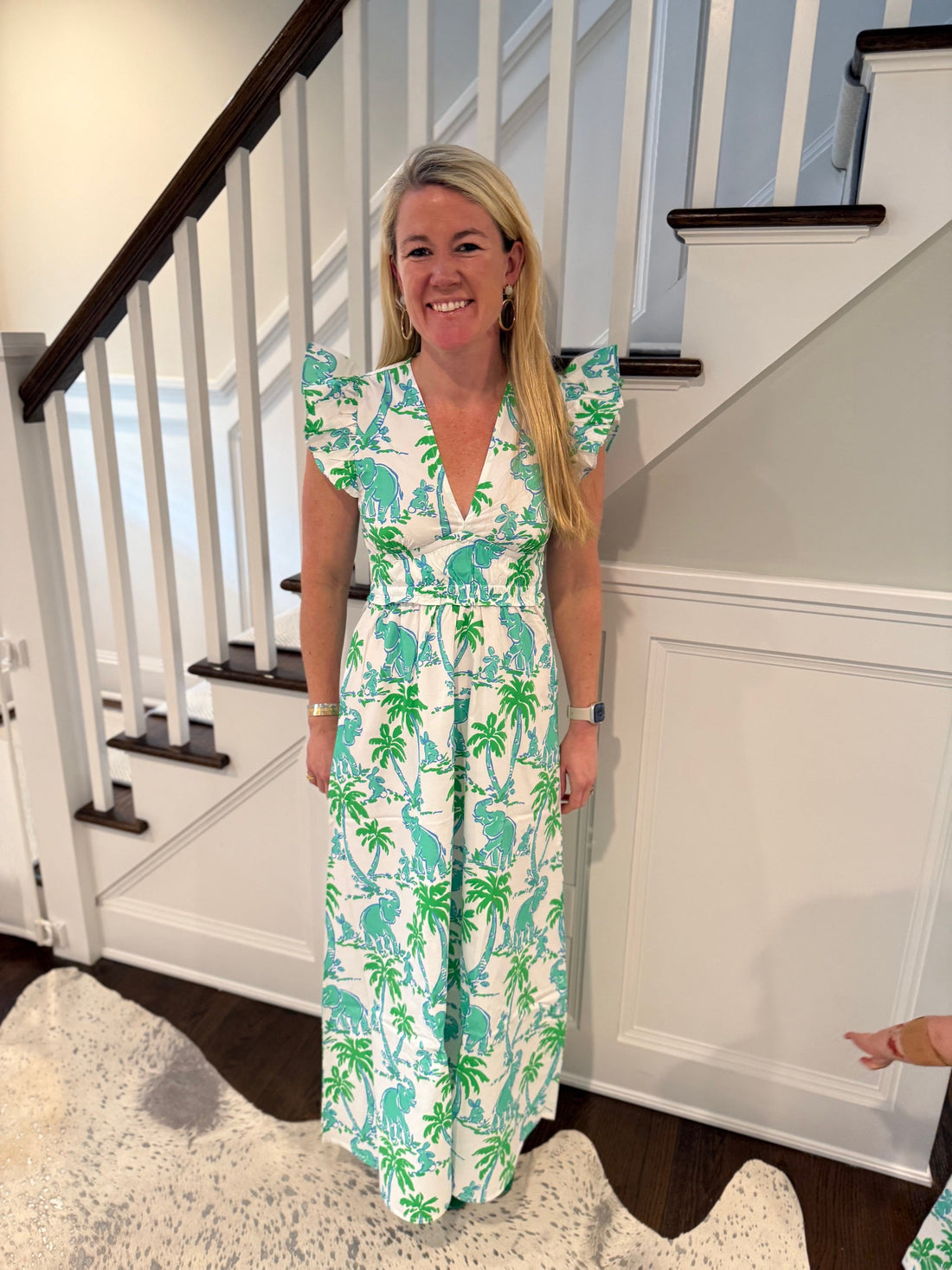 Elephant Print V-Neck Flutter Sleeve Maxi Dress