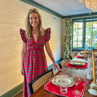 Red Tartan Flutter Sleeve V-Neck Maxi Dress