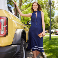 Navy Sleeveless Button Front Midi Tunic with Ric-Rac