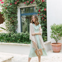 Pistachio Leaf Print V-Neck Smocked Midi Dress