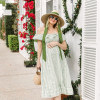 Pistachio Leaf Print V-Neck Smocked Midi Dress