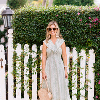 Pistachio Leaf Print V-Neck Smocked Midi Dress