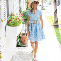 Hydrangea Shell Printed Eyelet Belted Tunic Dress