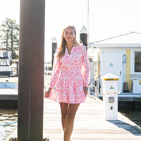 Pink Batik Print Long Sleeve Smocked Waist Dress