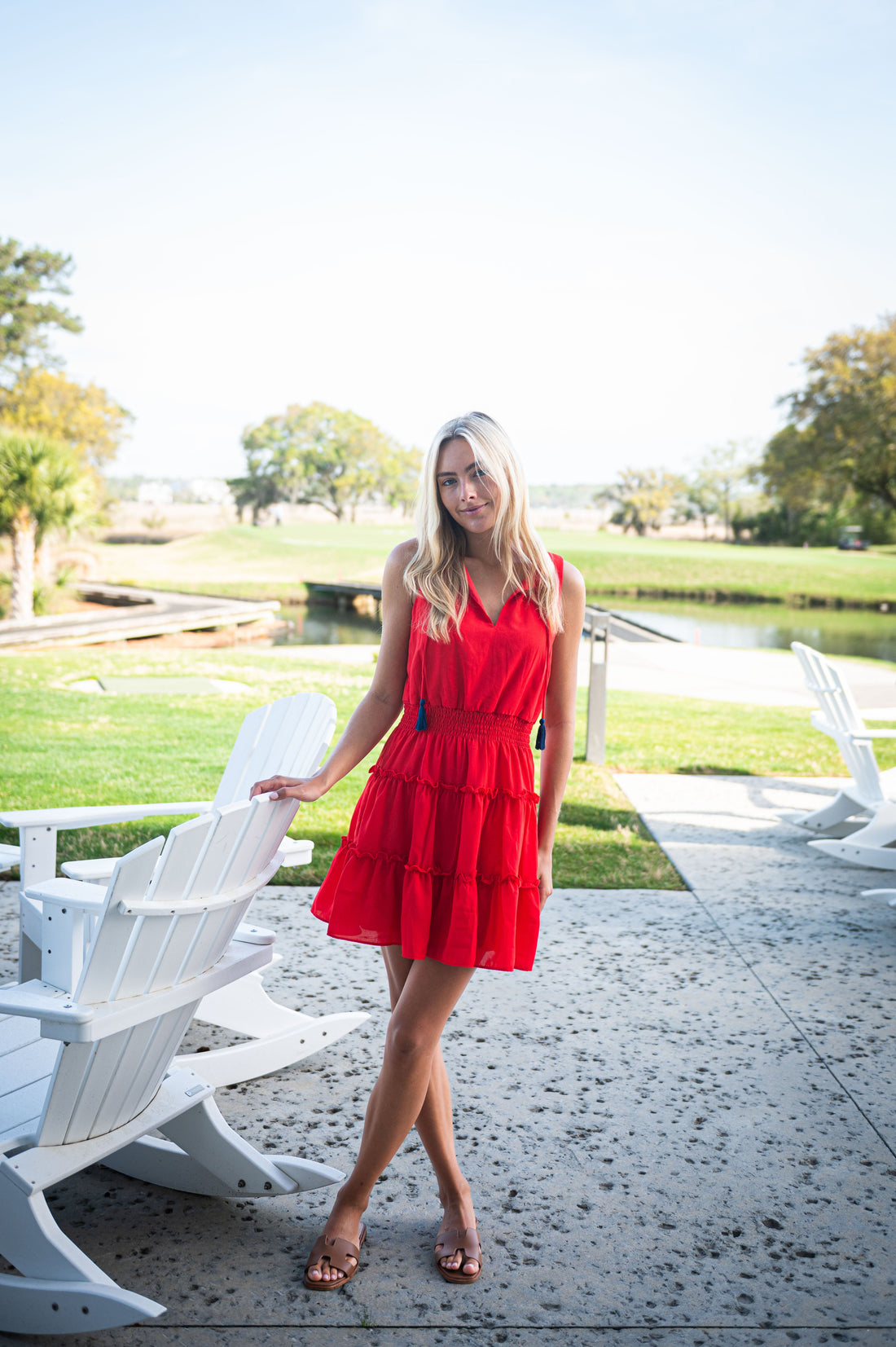 Red Sleeveless Smocked Waist Dress with Tassels