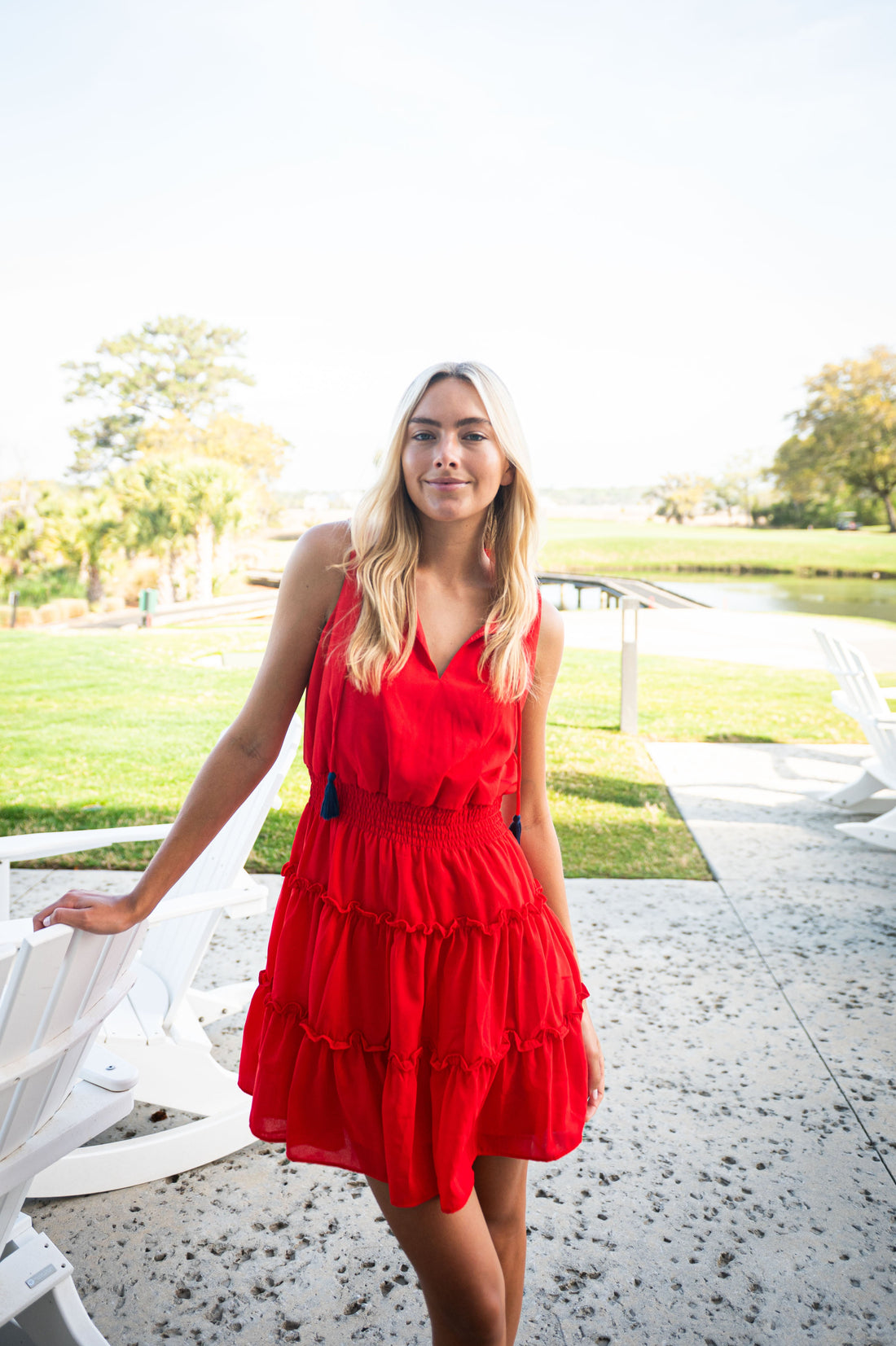 Red Sleeveless Smocked Waist Dress with Tassels