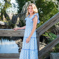 Ditsy Floral Flutter Strap Smocked Midi Dress