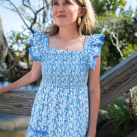 Ditsy Floral Flutter Strap Smocked Midi Dress