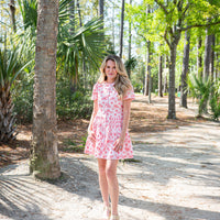 Blush & Coral Embroidered Button Front Cinched Mini Dress