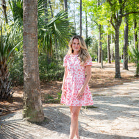 Blush & Coral Embroidered Button Front Cinched Mini Dress