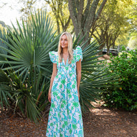 Elephant Print V-Neck Flutter Sleeve Maxi Dress