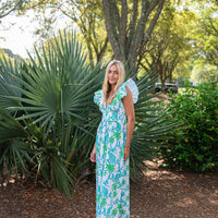 Elephant Print V-Neck Flutter Sleeve Maxi Dress
