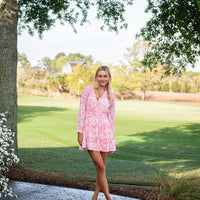 Pink Batik Print Long Sleeve Smocked Waist Dress