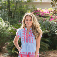 Blue & White Stripe Ruffle Front Top with Tassels